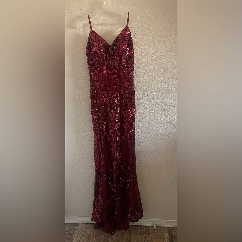 Formal Prom Wedding Burgundy Sequin Gown Size XS